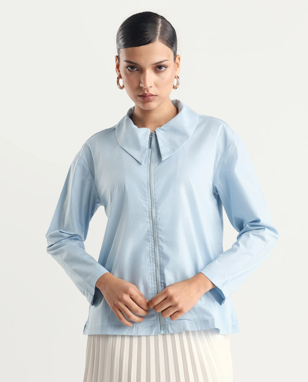 Rareism Women's Xan Light Blue Cotton Spread Collar Plain Regular Fit Top