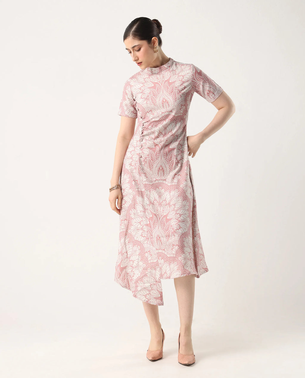 Rareism Women's Xem Multi Satin High Neck Paisley Print Midi Straight Fit Dress