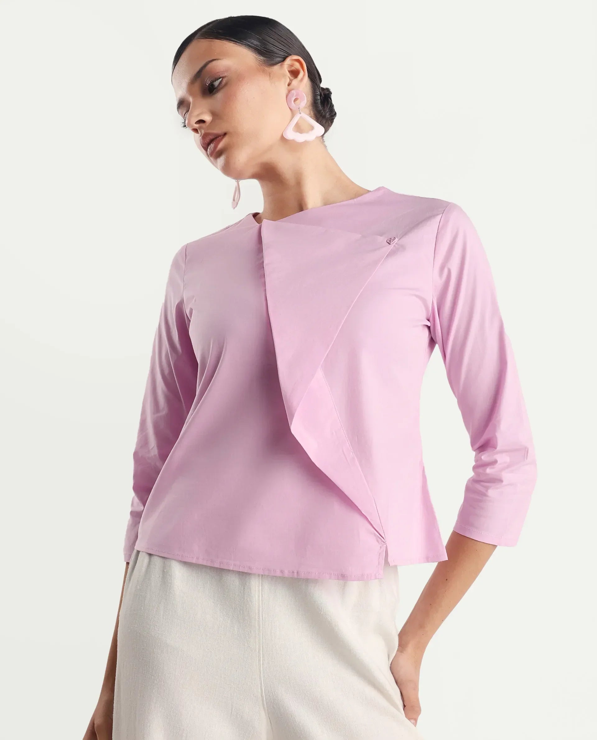 Rareism Women's Xew Light Pink Cotton Blend Asymmetric Neck Plain Regular Fit Top