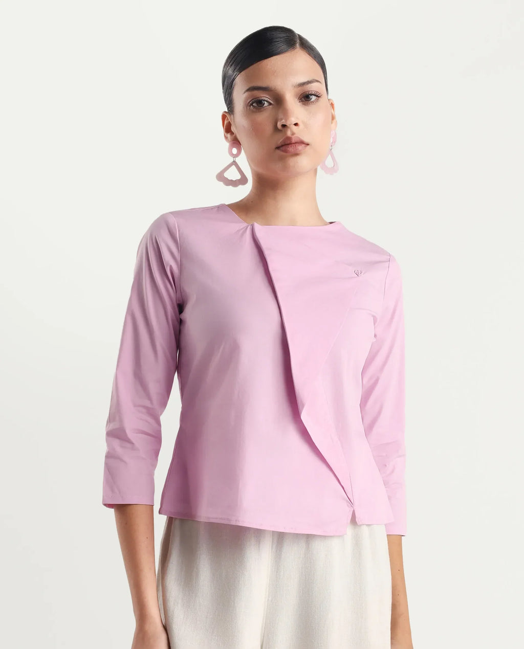 Rareism Women's Xew Light Pink Cotton Blend Asymmetric Neck Plain Regular Fit Top
