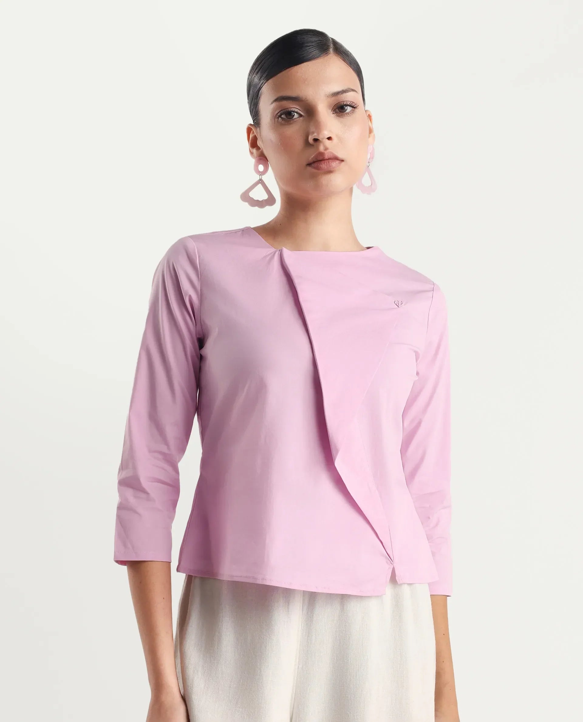 Rareism Women's Xew Light Pink Cotton Blend Asymmetric Neck Plain Regular Fit Top