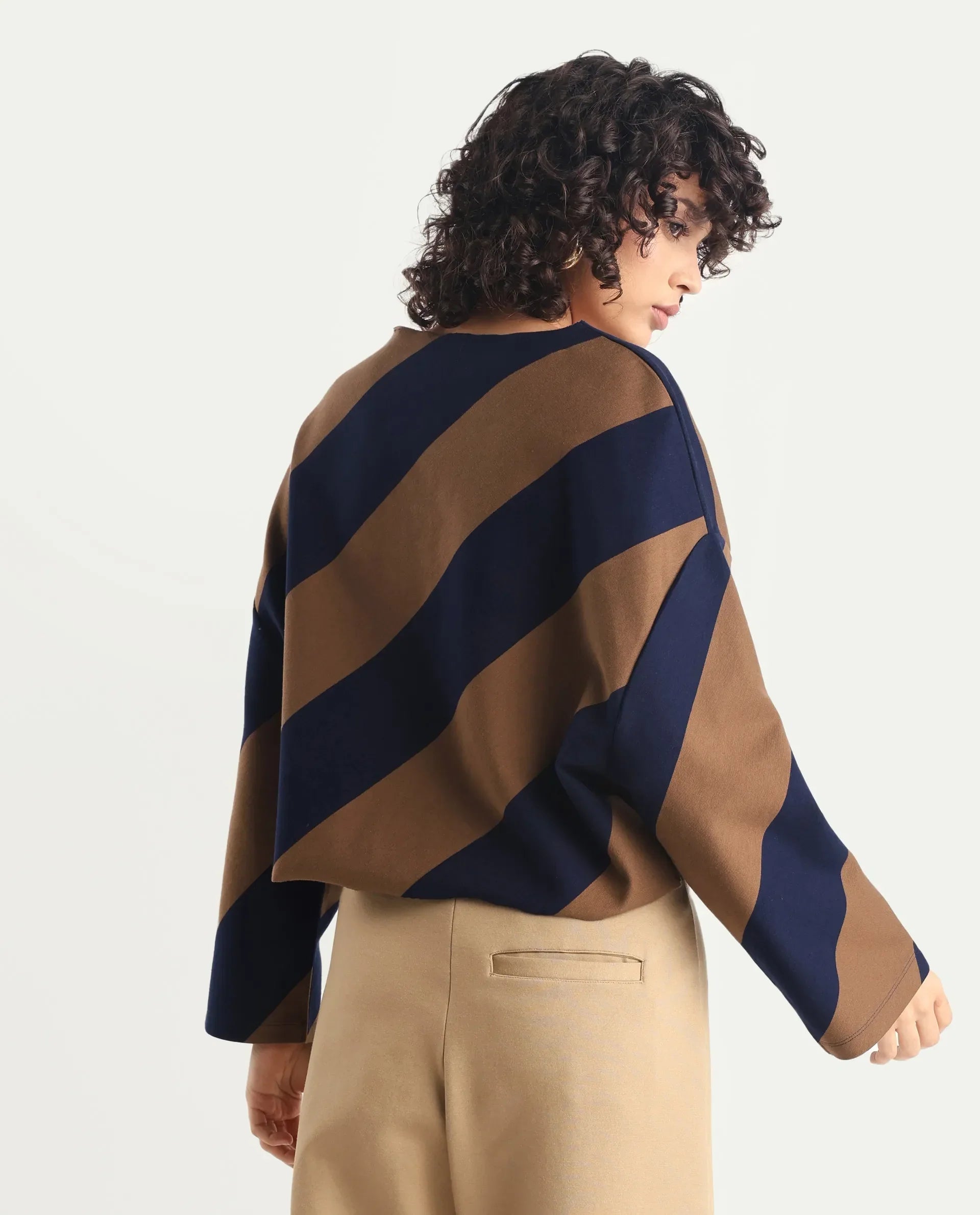 Rareism Women's Yarny Brown Polyester Blend Henley Neck Striped Relaxed Fit Top