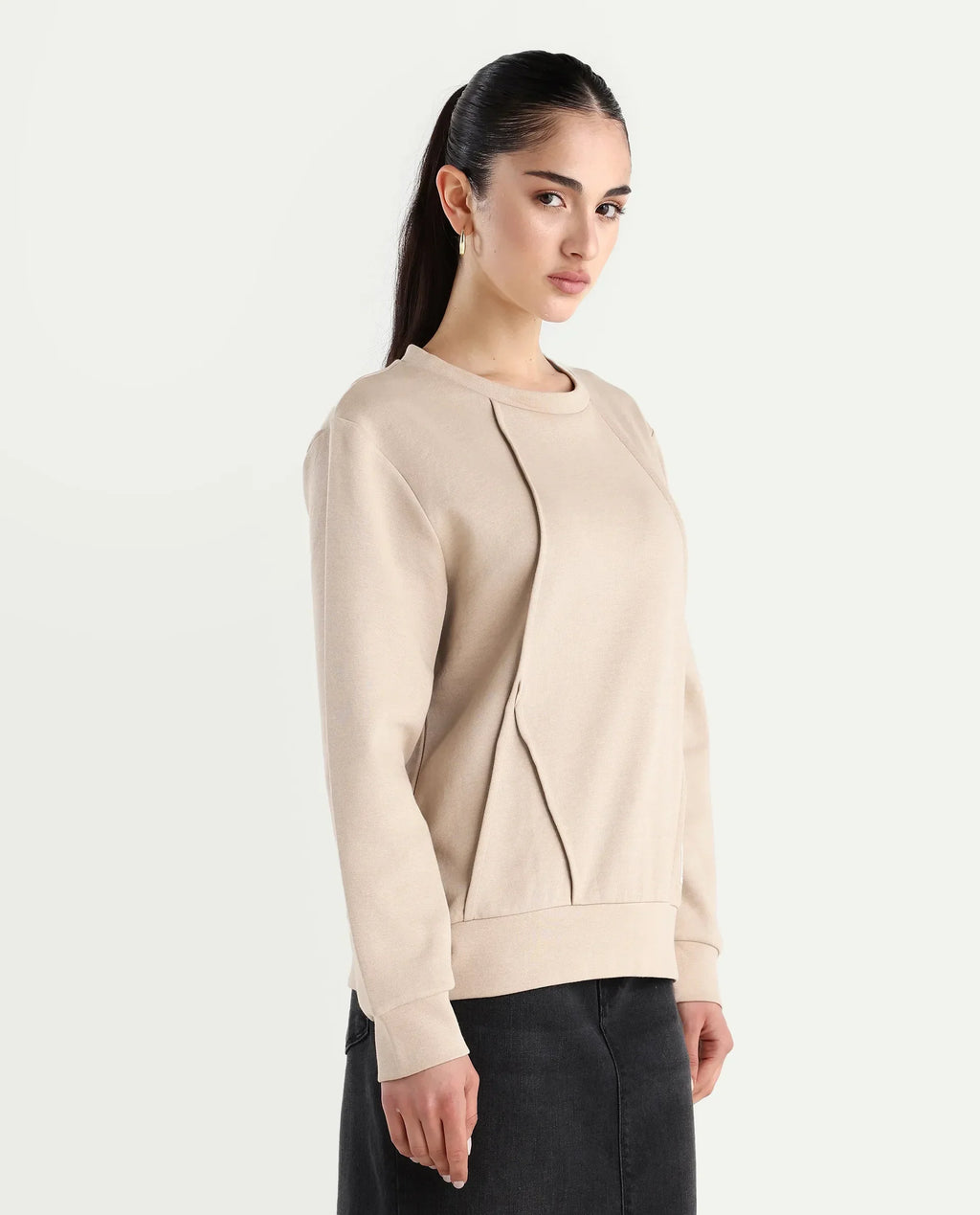 Rareism Women's Yello Beige Cotton Blend Crew Neck Plain Relaxed Fit Sweatshirt
