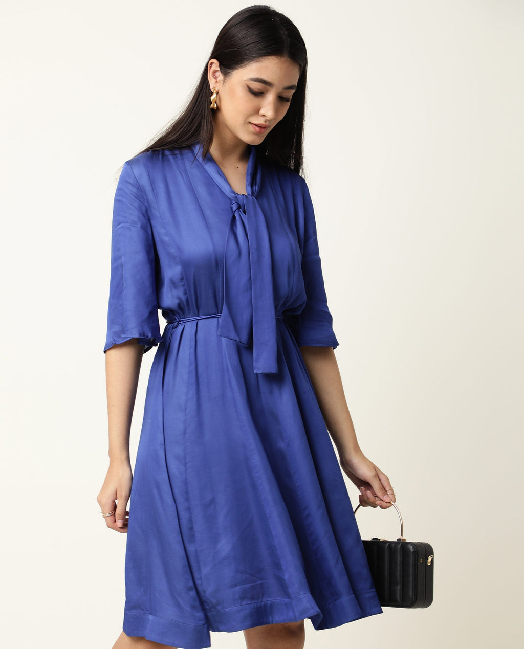 Rareism Women's Yeme Blue V-Neck Plain Flared Sleeve Knee Length Regular Fit Dress