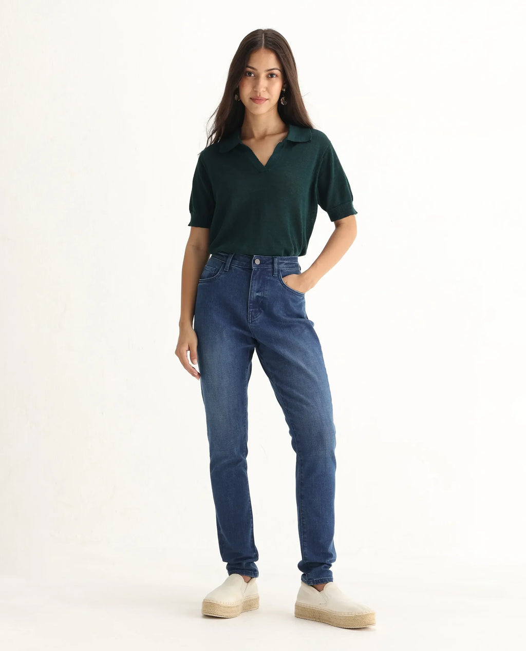 Rareism Women's Zaisho Blue Cotton Blend Plain Ankle Length Sleek Skinny Fit Jeans