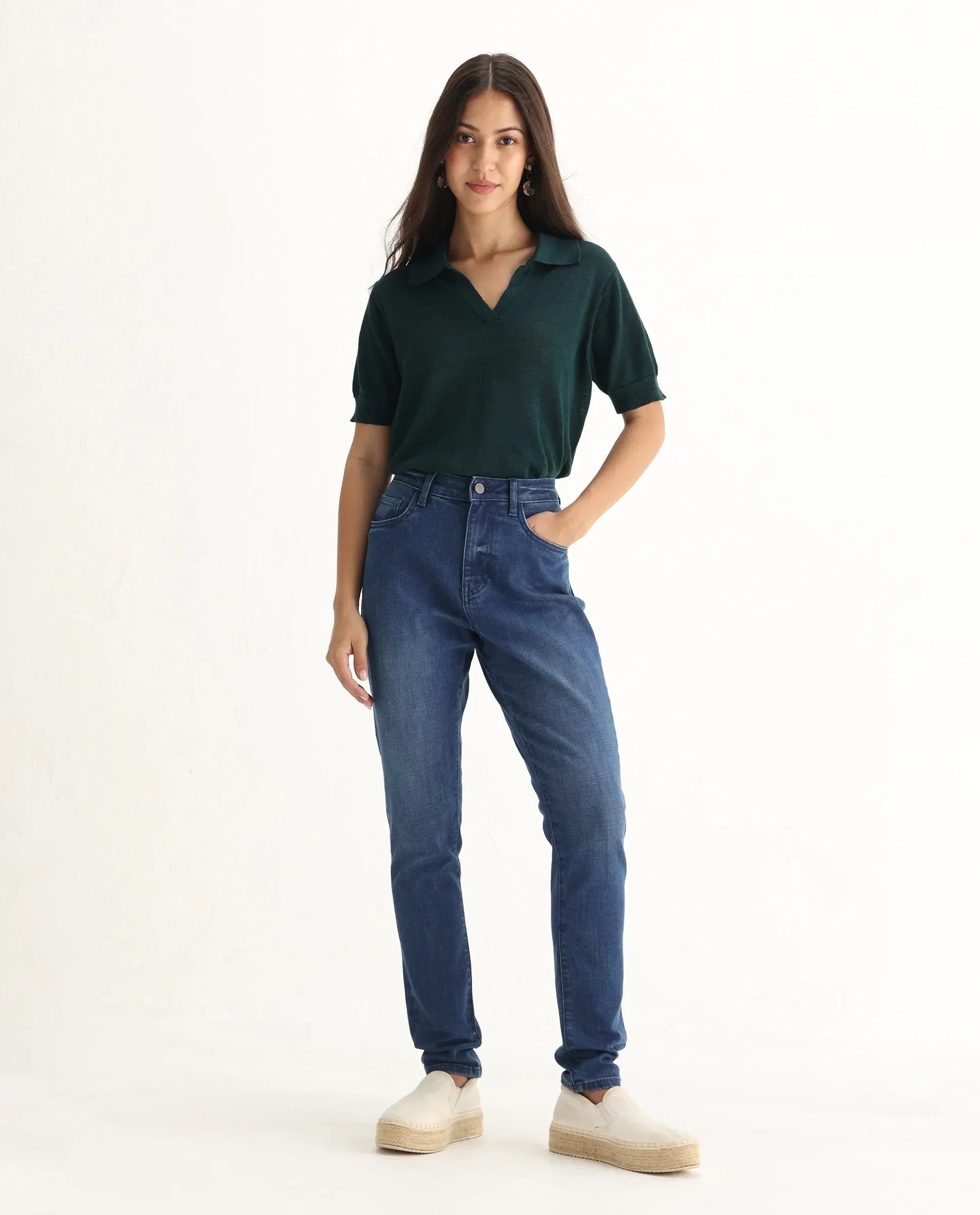 Rareism Women's Zaisho Blue Cotton Blend Plain Ankle Length Sleek Skinny Fit Jeans