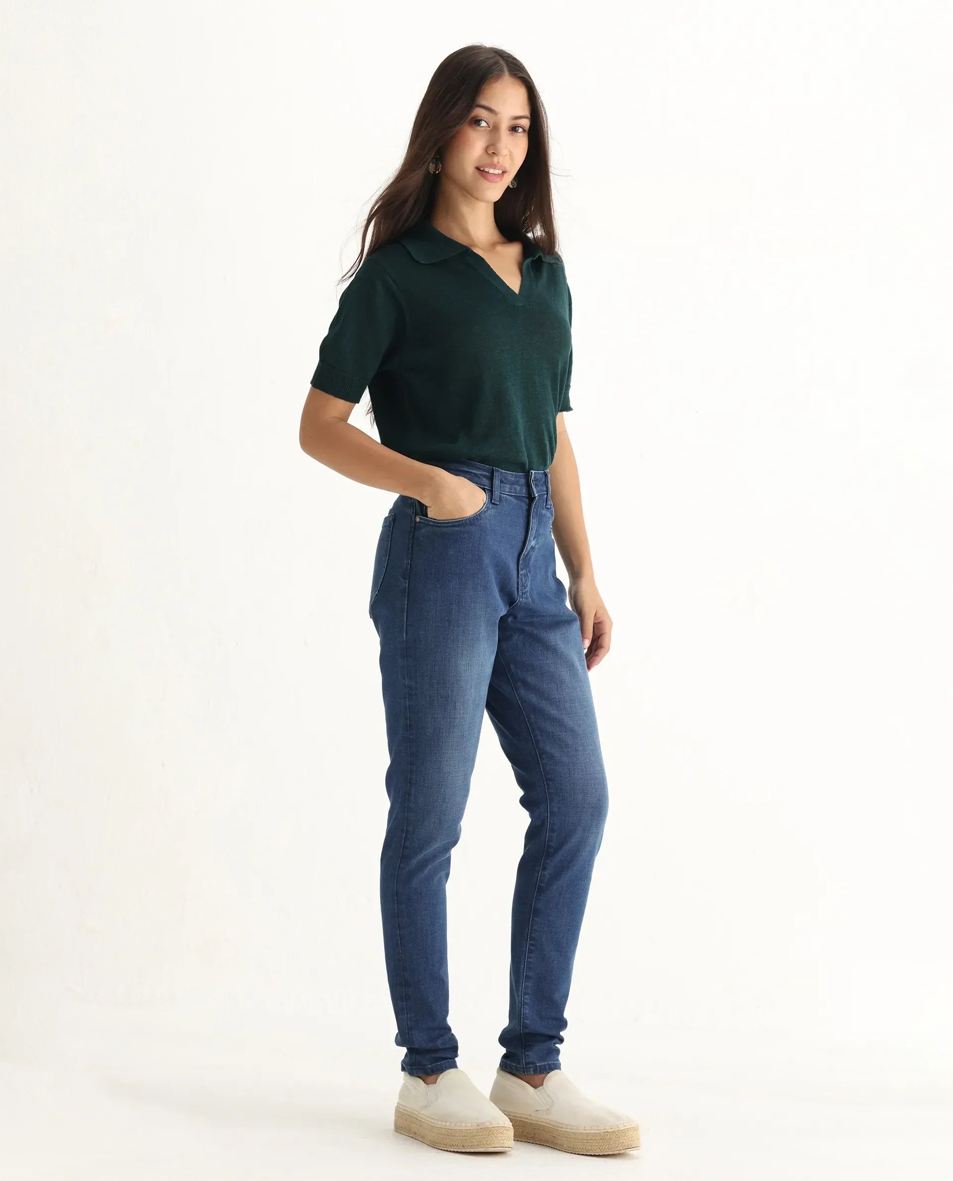 Rareism Women's Zaisho Blue Cotton Blend Plain Ankle Length Sleek Skinny Fit Jeans