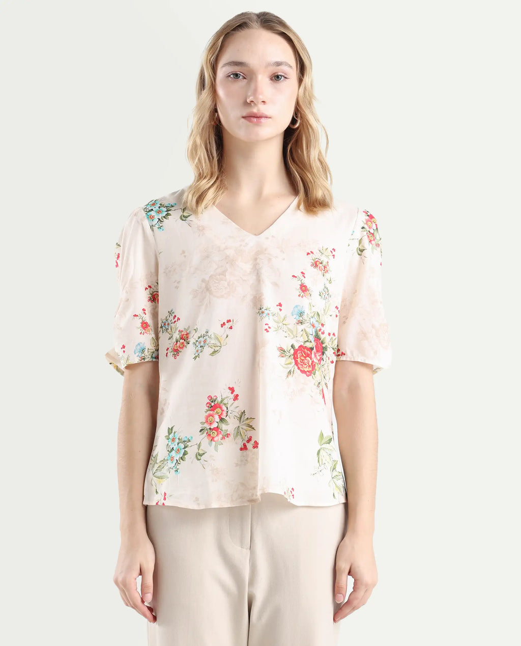 Rareism Women's Zamora Multi Cotton V-Neck Floral Print Bell Sleeve Crop Regular Fit Top