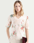 Rareism Women's Zamora Multi Cotton V-Neck Floral Print Bell Sleeve Crop Regular Fit Top