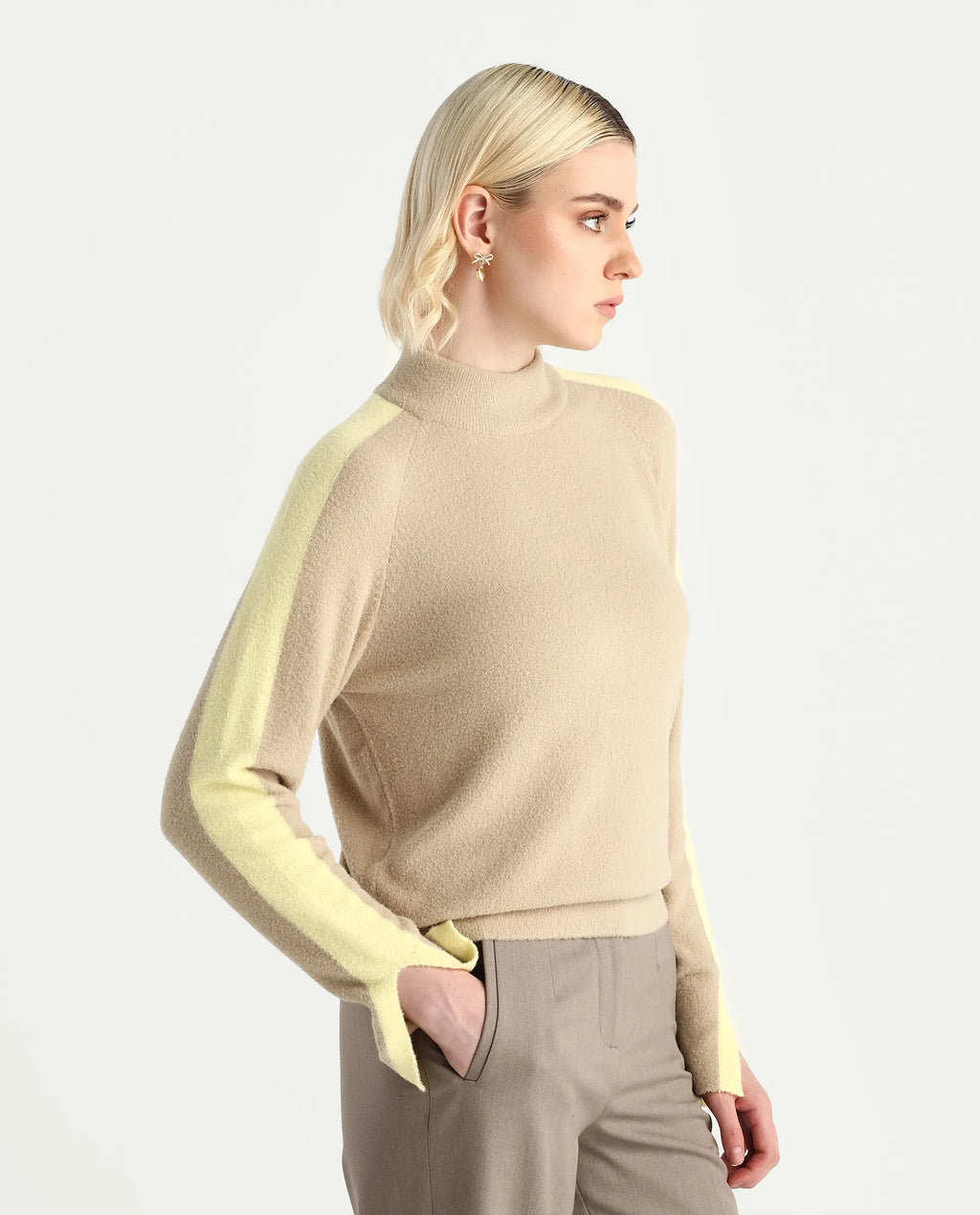 Rareism Women's Zanderyo Light Beige Nylon High Neck Relaxed Fit Sweater
