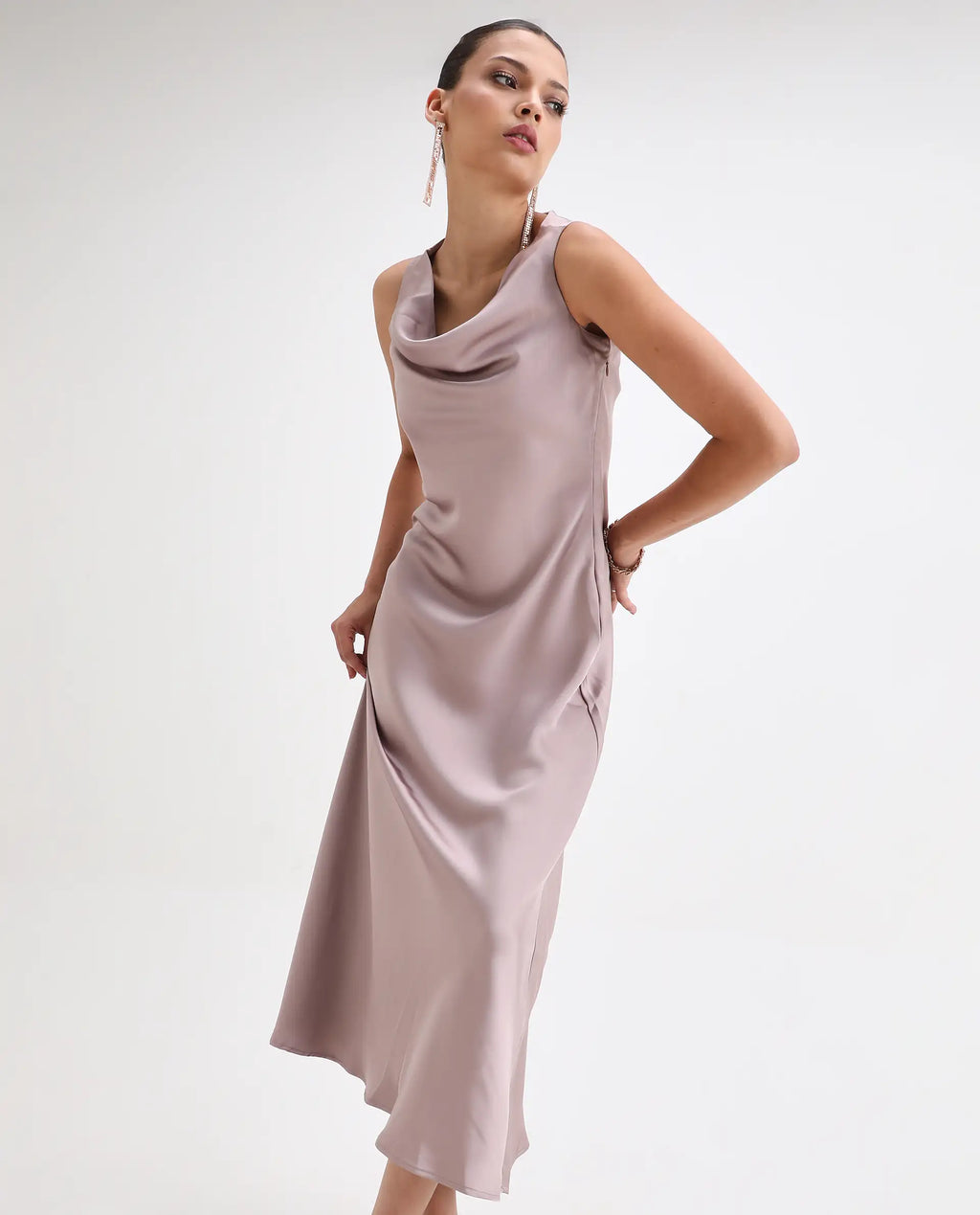 Rareism Women's Zarina Dusky Beige Polyester Cowl Neck Plain Sleeveless Maxi Straight Fit Dress