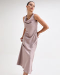 Rareism Women's Zarina Dusky Beige Polyester Cowl Neck Plain Sleeveless Maxi Straight Fit Dress