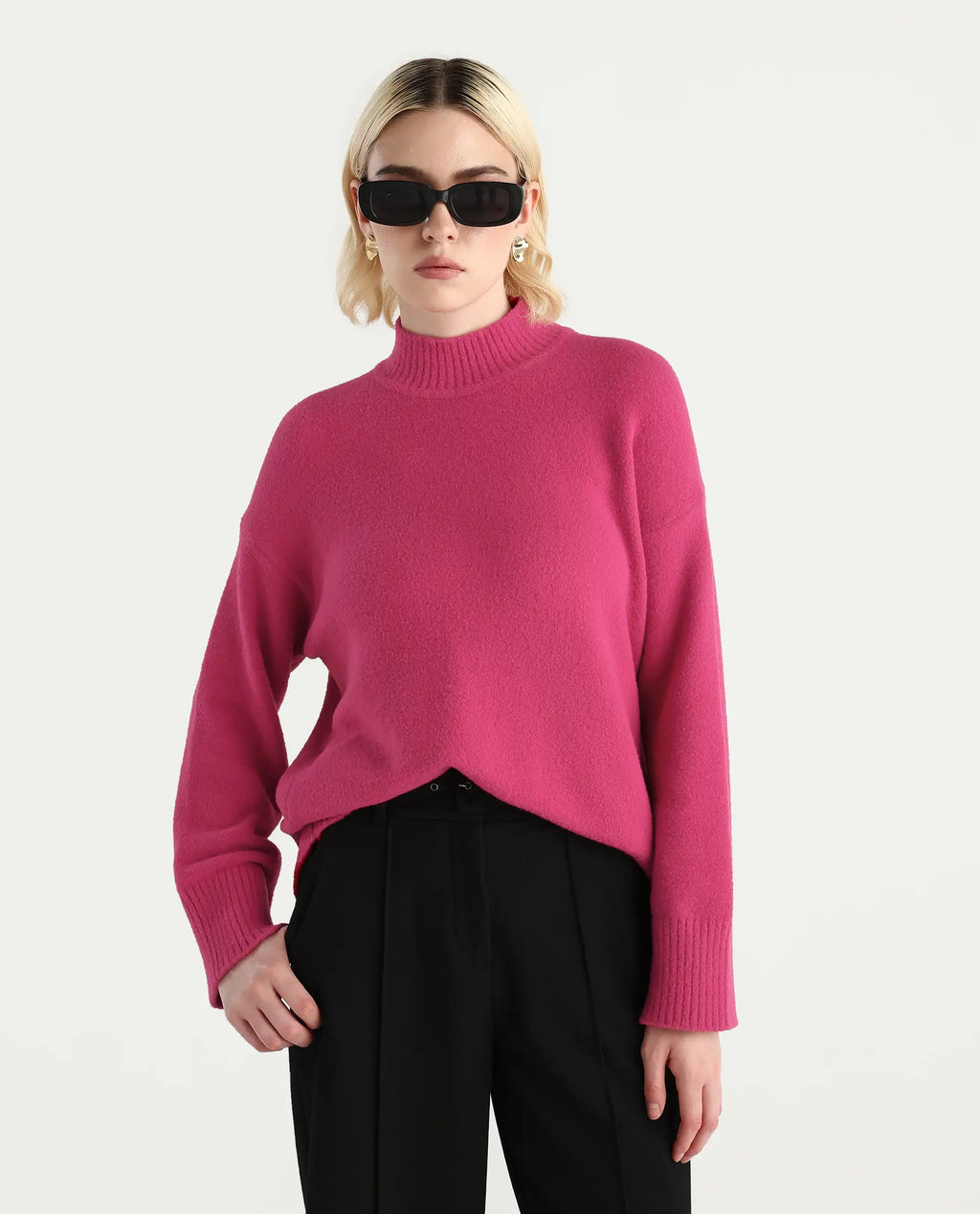Rareism Women's Zilli Pink Nylon High Neck Oversize Fit Sweater