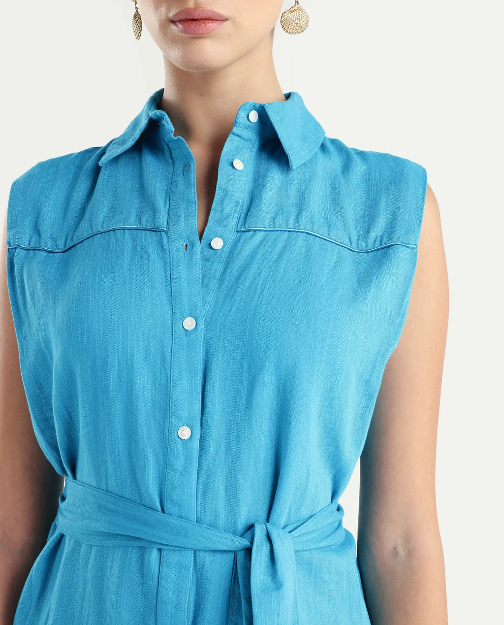 Rareism Women's Zolaa Blue Linen Spread Collar Plain Sleeveless Mini Regular Fit Dress