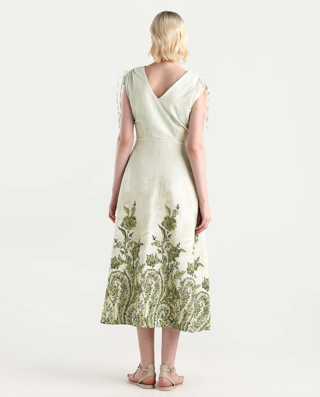 Rareism Women's Zurumi Light Green Cotton V-Neck Paisley Print Midi Regular Fit Dress