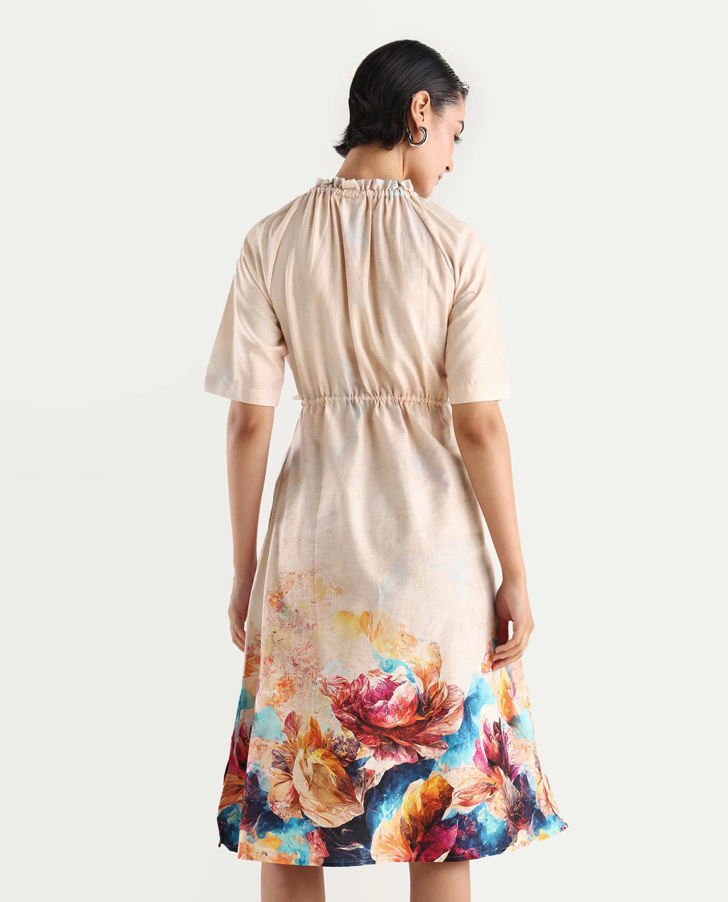 Rareism Women's Zushi Multi Cotton Blend Ruffled Neck Floral Print Raglan Sleeve Knee Length A-Line Dress