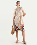 Rareism Women's Zushi Multi Cotton Blend Ruffled Neck Floral Print Raglan Sleeve Knee Length A-Line Dress